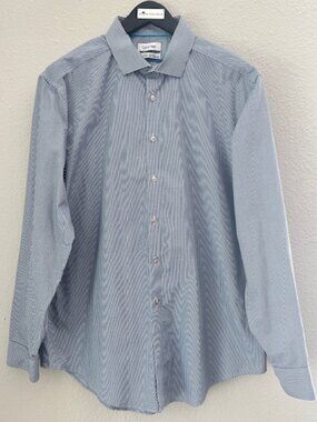 Calvin Klein Slim Fit Non Iron Dress Shirt Blue Micro Check Mens 17.5 34/35
